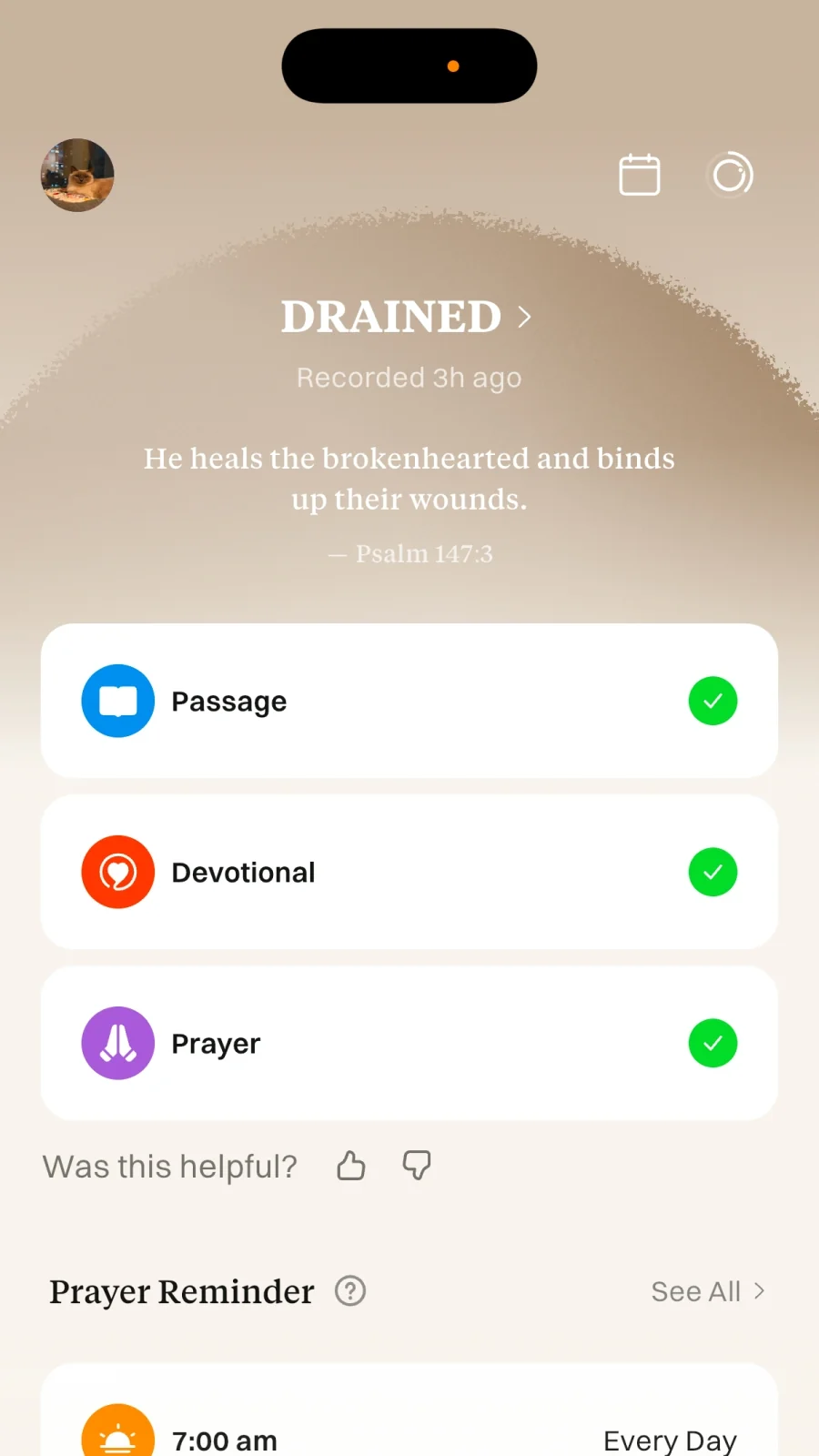 Glorify app showing personalized Scripture, devotionals, prayer, and reminder content