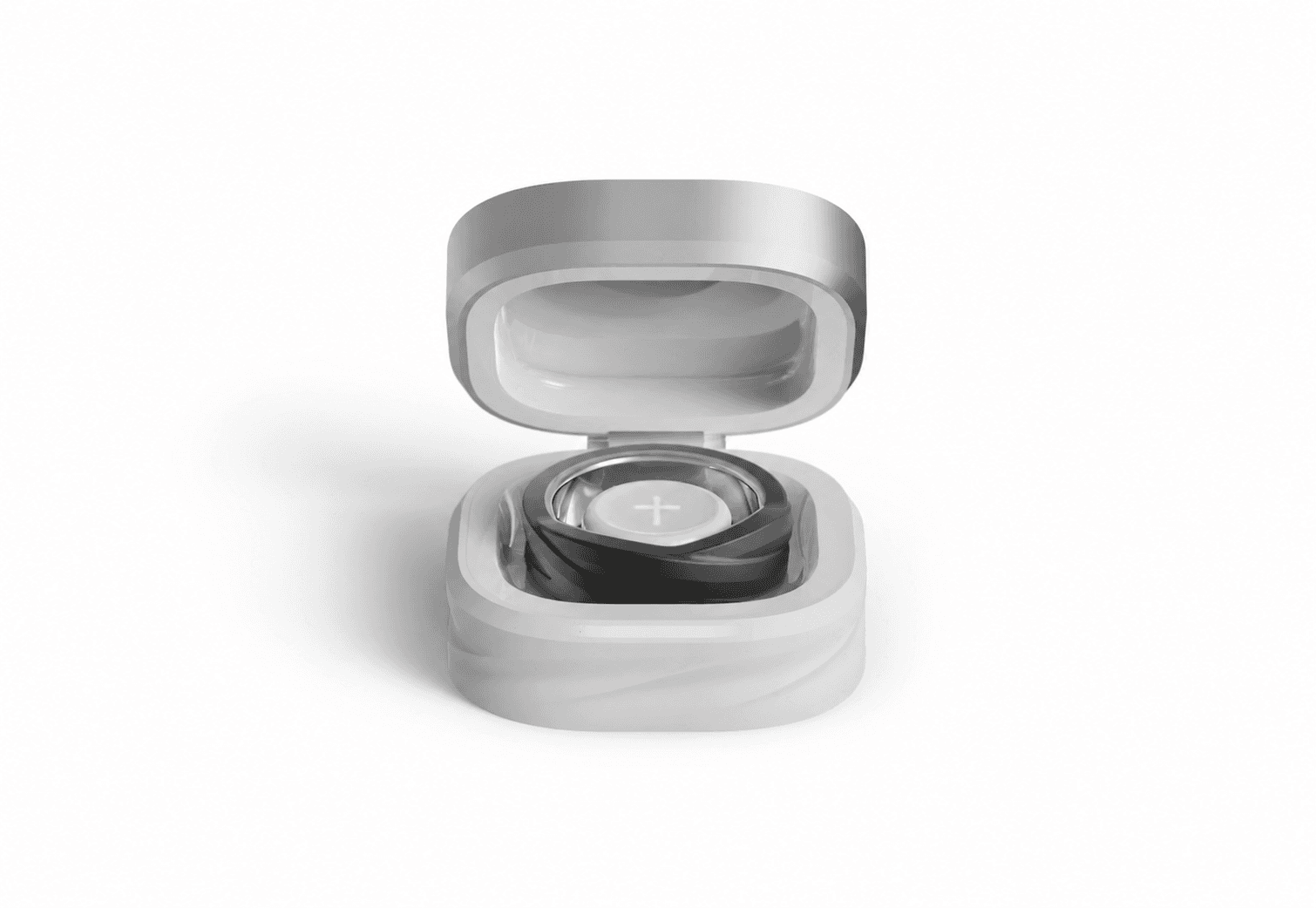 Glorify Ring resting inside its portable charging case
