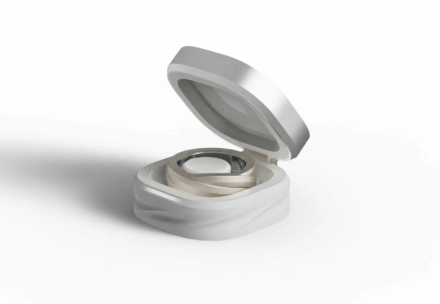 Glorify Ring resting inside its charging case